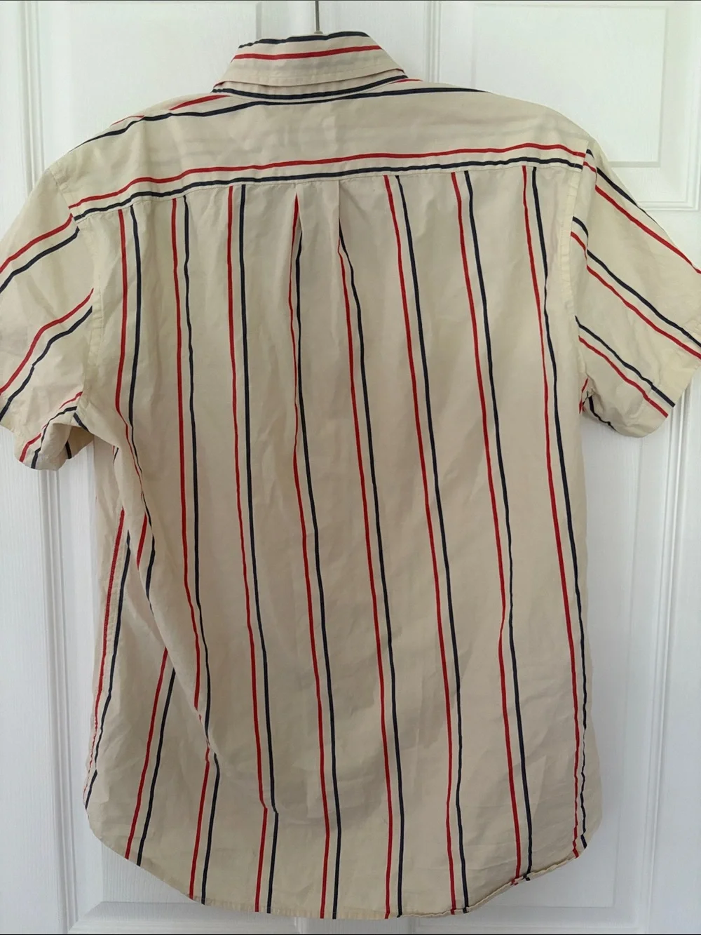 J. Crew Cream Short-Sleeve Button-Down with Red & Navy Stripes Organic Cotton